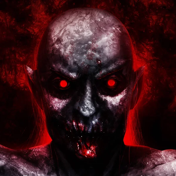 Koyu Kırmızı Arka Planda Parlayan Kırmızı Gözlü Kızgın Vampir Suratının — Stok fotoğraf