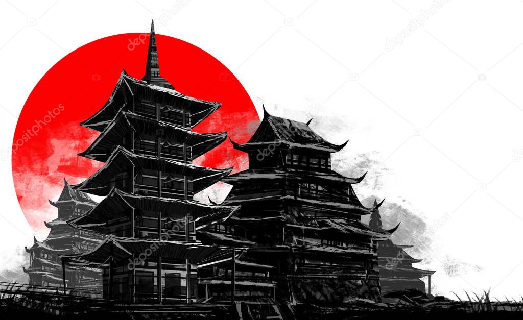 Illustration artwork of ancient drawn japanese city buildings on white background with red sun.