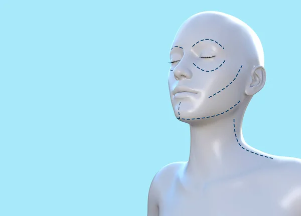 3d render illustration of female face and figure with plastic surgery face lift lines on blue background.