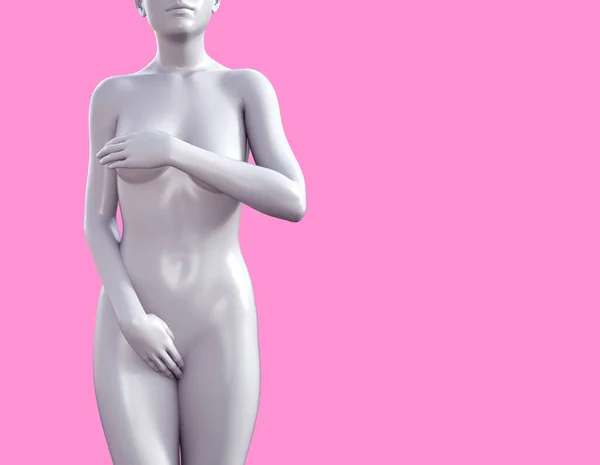 3D以粉红背景 妇科诊所及女性健康概念描述女性体格站立及隐藏乳房及生殖器区域 — 图库照片