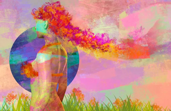 Render Illustration Female Figure Multicolored Paint Grass Sun Fantasy Mother — Stock Photo, Image