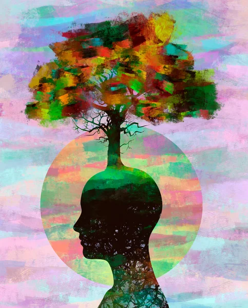 3d render illustration of female figure face with growing tree in multicolor painted brush strokes effect, psychology and mental health art cover concept.