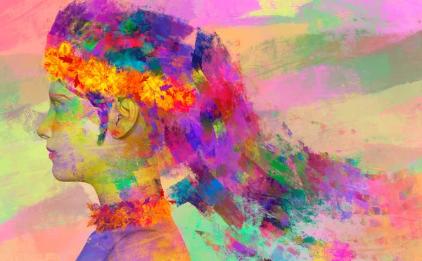 Rendering Illustrazione Figura Femminile Multicolore Dipinto Corpo Con Pennellate Profilo — Foto Stock