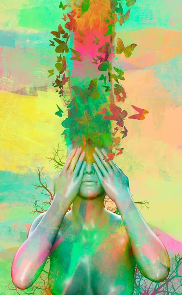 女性の図の3Dレンダリングイラスト多色塗装体と髪の木の枝や蝶 ファンタジーの母なる自然やテントの女神の概念と — ストック写真