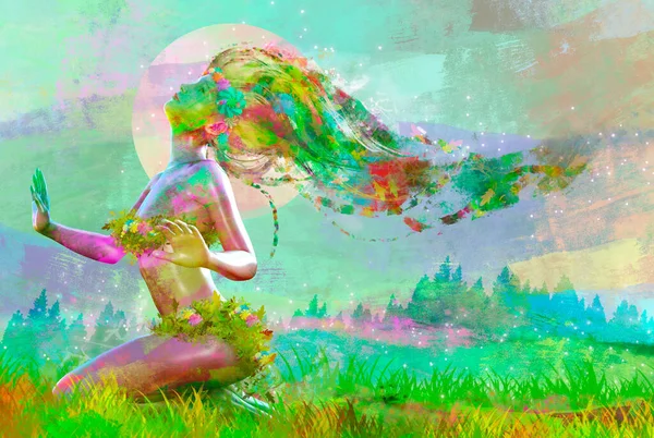 女性の図の3Dレンダリングイラスト多色塗装体と髪の森の中に座って ファンタジーの母なる自然やテントの女神の概念 — ストック写真