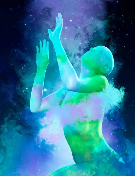 3d render illustration of female goddess figure sitting and painted in neon colored pallette colors on space galaxy background.