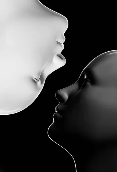 黒の背景 心理学や善と悪の概念上のライトグレーと黒の色の女性の顔の3Dレンダリングイラスト — ストック写真