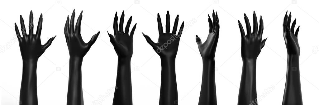 3d render illustration of female black colored creature or witch hand poses isolated on white background.