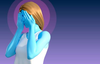 Baş ağrısı, üzüntü, depresyon veya zihinsel sağlık sorunlarını betimleyen mavi kadın modelinin 3D çizimi.