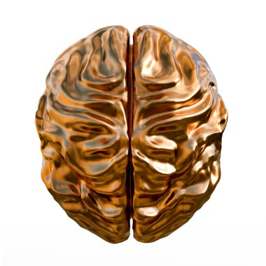 Beyaz arka planda altın insan beyninin izole edilmiş üç boyutlu çizimi.