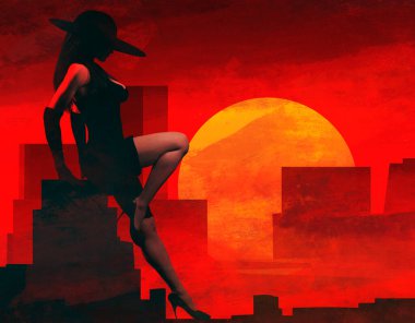 3d render noir illustration of lady in black dress and hat sitting on red and black styled cityscape and skyscrapers backdrop. clipart