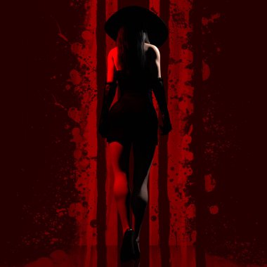 Siyah elbiseli ve şapkalı seksi bir kadının kırmızı ve siyah kanlı oda arka planında yürüdüğü üç boyutlu bir kara resim..