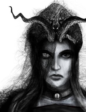Fantezi kalem çizilmiş siyah beyaz cadı tanrıça portresi ejderha tacı ve kertenkele gözlü kolye.