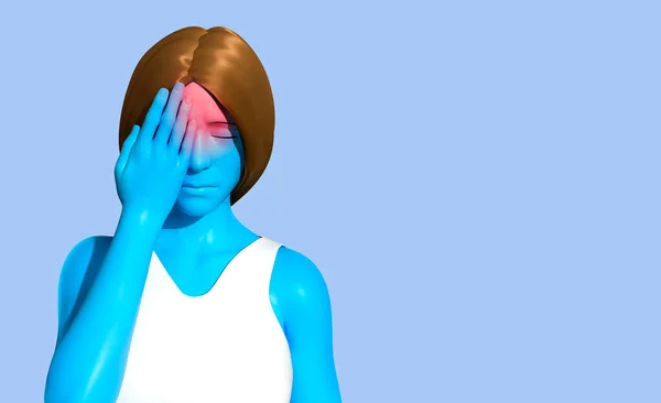 Renderowania Ilustracja Kobieta Niebieski Model Przedstawiający Ból Głowy Problemy — Zdjęcie stockowe