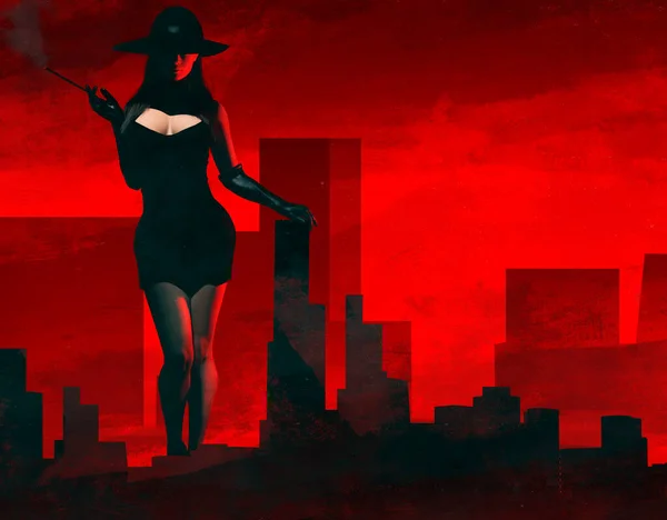 Render Noir Illustration Lady Black Dress Hat Standing Red Black — Stock Photo, Image
