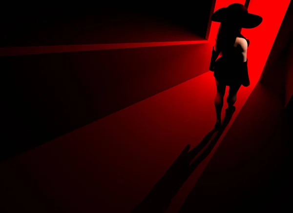 Рендеринг Нуар Иллюстрация Сексуальной Дамы Черном Платье Шляпе Стоя Луч — стоковое фото