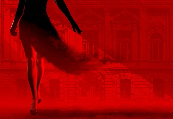Візуалізація Нуар Ілюстрація Дами Чорній Сукні Розчиняється Йде Червоному Чорному — стокове фото