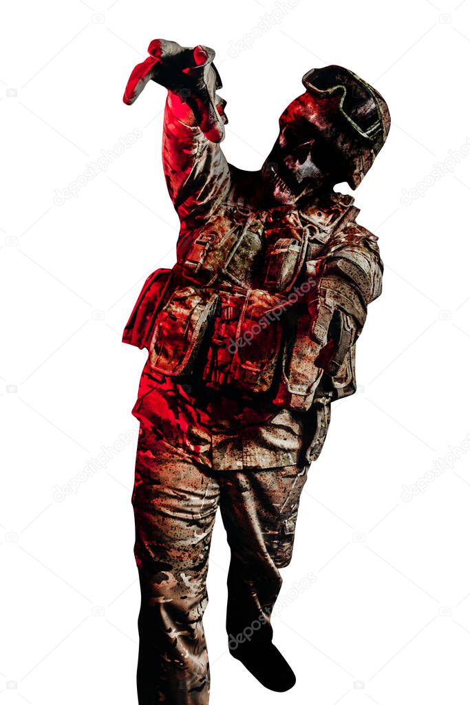 Isolated photo of undead zombie soldier in uniform and armored clothing walking pose on white background.