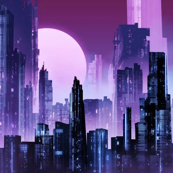 Artwok Illustration Futuristiska Sci Stadsbild Med Neonljus Dimma Natten — Stockfoto