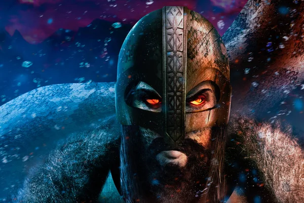 鋼の鎧兜 爬虫類の皮膚 暖かい服や赤い輝く目で幻想的なバイキング戦士の顔のアートワークイラスト — ストック写真