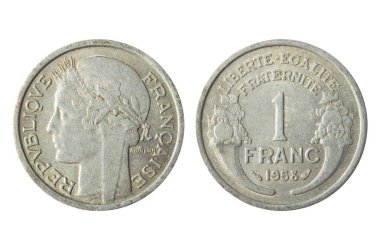 1 Frank Fransa 'nın izole edilmiş fotoğrafı 1958 Dördüncü Cumhuriyet alüminyum sikkesi ters ve beyaz arka planda ters çevrilmiş.