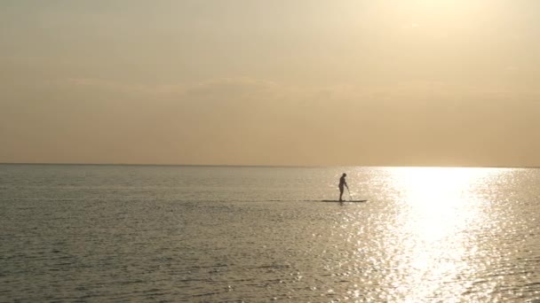 Puesta Sol Mar Con Silueta Niña Con Una Paleta Tablero — Vídeos de Stock