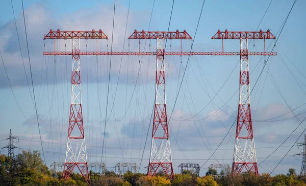 Yüksek voltaj direği. Ağaç Yüksek Voltaj Kuleleri. İletişim kuleleri ya da güç kulesi grubu, elektrik direği — Stok fotoğraf