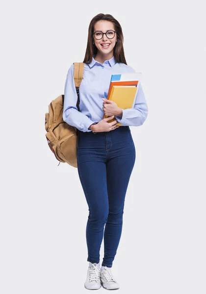 Studioporträt Einer Schönen Studentin Voller Länge Junge Lächelnde Studentin Mit Stockbild