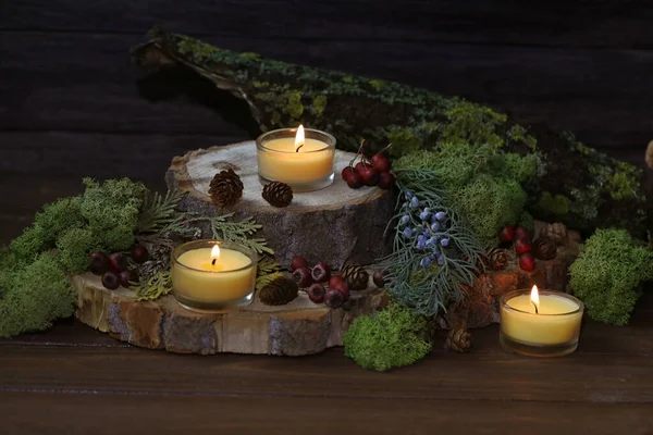 Autumn Wooden Decor Spa Candles — 스톡 사진