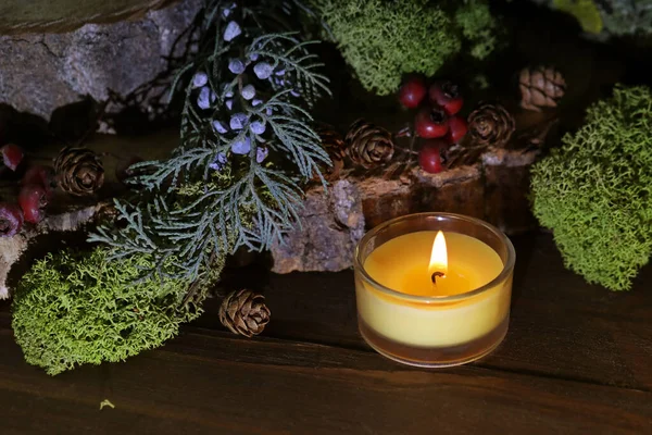 Çiçekli, yosun ve böğürtlenli spa mumu.