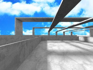 Bulutlu arka planda beton duvar inşaatı. Soyut mimari tasarım konsepti. 3d hazırlayıcı