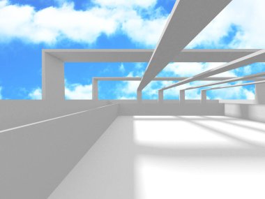 Gökyüzü manzaralı boş beyaz mimari. 3d hazırlayıcı