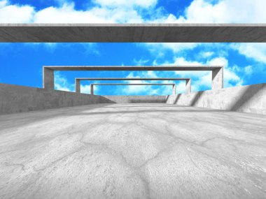 Bulutlu arka planda beton duvar inşaatı. Soyut mimari tasarım konsepti. 3d hazırlayıcı