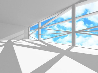 Gökyüzü manzaralı boş beyaz mimari. 3d hazırlayıcı