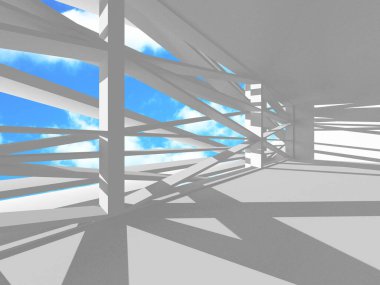 Gökyüzü manzaralı boş beyaz mimari. 3d hazırlayıcı