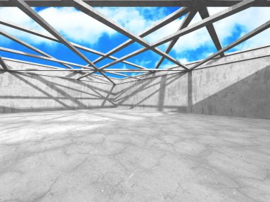 Bulutlu arka planda beton duvar inşaatı. Soyut mimari tasarım konsepti. 3d hazırlayıcı