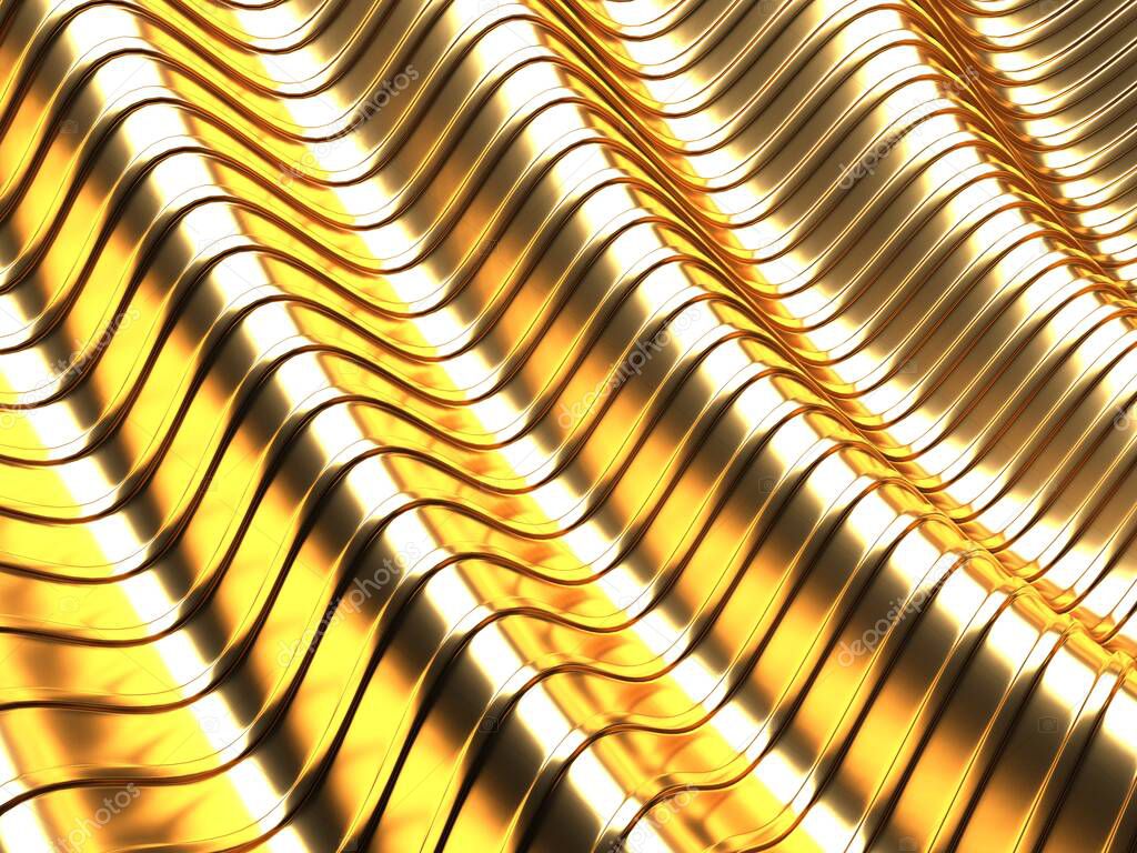 Golden abstract wavy liquid background. 3d render illustration