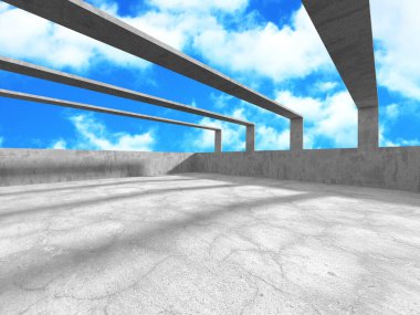 Bulutlu arka planda beton duvar inşaatı. Soyut mimari tasarım konsepti. 3d hazırlayıcı