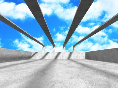 Bulutlu arka planda beton duvar inşaatı. Soyut mimari tasarım konsepti. 3d hazırlayıcı