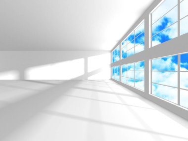 Gökyüzü manzaralı boş beyaz mimari. 3d hazırlayıcı