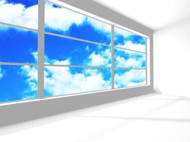 Gökyüzü manzaralı boş beyaz mimari. 3d hazırlayıcı