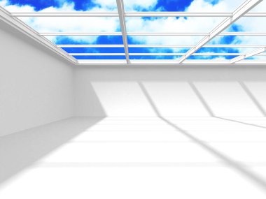 Gökyüzü manzaralı boş beyaz mimari. 3d hazırlayıcı