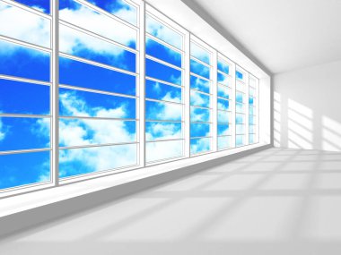 Gökyüzü manzaralı boş beyaz mimari. 3d hazırlayıcı