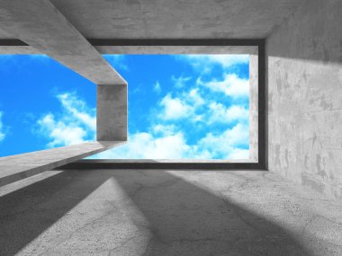 Bulutlu arka planda beton duvar inşaatı. Soyut mimari tasarım konsepti. 3d hazırlayıcı