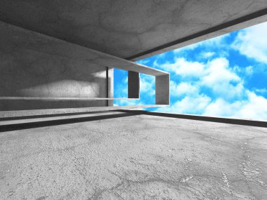 Bulutlu arka planda beton duvar inşaatı. Soyut mimari tasarım konsepti. 3d hazırlayıcı