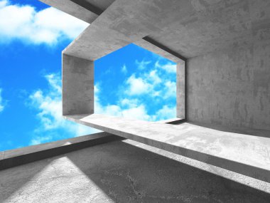 Bulutlu arka planda beton duvar inşaatı. Soyut mimari tasarım konsepti. 3d hazırlayıcı