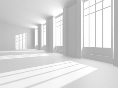 Aydınlatılmış oda iç tasarımı. Modern mimari konsepti. 3 Boyutlu Hazırlama