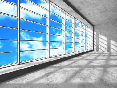 Bulutlu arka planda beton duvar inşaatı. Soyut mimari tasarım konsepti. 3d hazırlayıcı