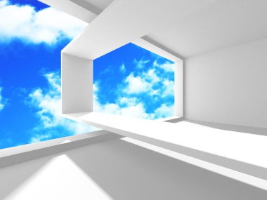 Gökyüzü manzaralı boş beyaz mimari. 3d hazırlayıcı