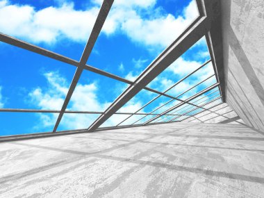 Bulutlu arka planda beton duvar inşaatı. Soyut mimari tasarım konsepti. 3d hazırlayıcı